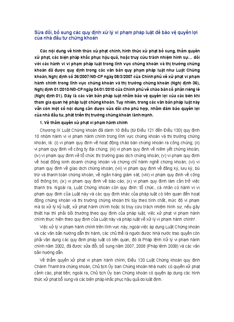 Vấn đề Sửa đổi bổ sung các quy định xử lý vi phạm pháp luật để bảo vệ quyền lợi của nhà đầu tư chứng khoán