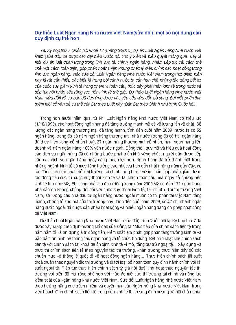 Dự thảo Luật Ngân hàng Nhà nước Việt Nam sửa đổi một số nội dung quy định cụ thể