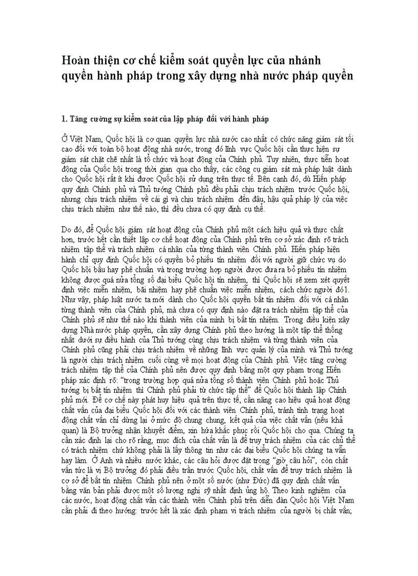 Hoàn thiện cơ chế kiểm soát quyền lực của nhánh quyền hành pháp trong xây dựng nhà nước pháp quyền