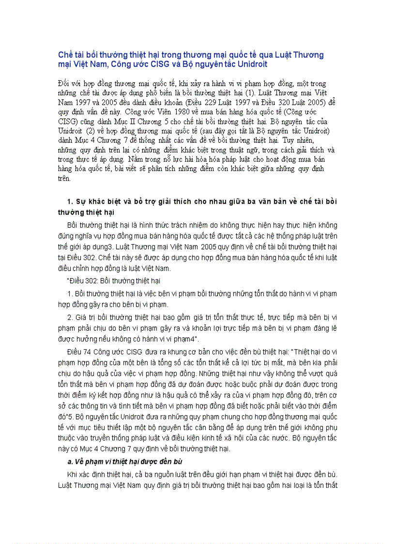 Nghiên cứu chế tài bồi thường thiệt hại trong thương mại quốc tế qua Luật Thương mại Việt Nam Công ước CISG và Bộ nguyên tắc Unidroit