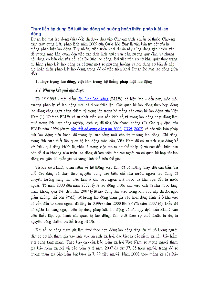 Thực tiễn áp dụng Bộ luật lao động và hướng hoàn thiện pháp luật lao động
