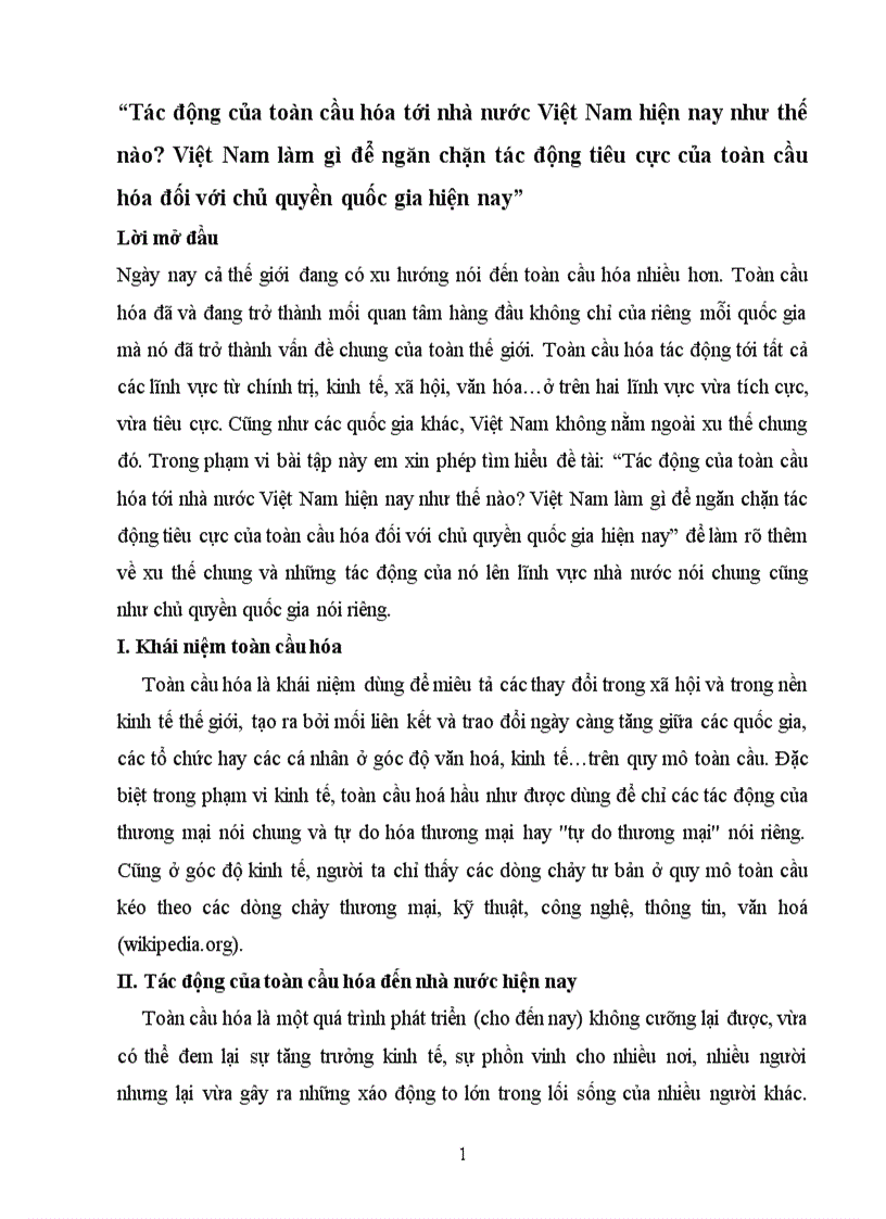 Tác động của toàn cầu hóa tới nhà nước Việt Nam hiện nay như thế nào Việt Nam làm gì để ngăn chặn tác động tiêu cực của toàn cầu hóa đối với chủ quyền quốc gia hiện nay