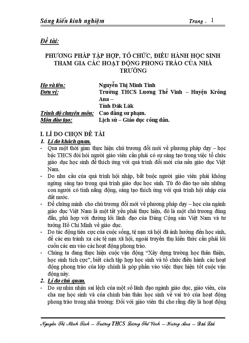 Phương pháp tập hợp tổ chức điều hành học sinh tham gia các hoạt động phong trào của nhà trường