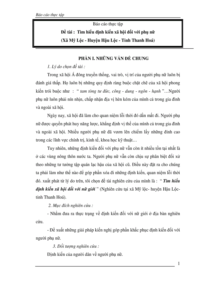 Tìm hiểu định kiến xã hội đối với nữ giới Nghiên cứu tại xã Mỹ lộc huyện Hậu Lộc tỉnh Thanh Hoá