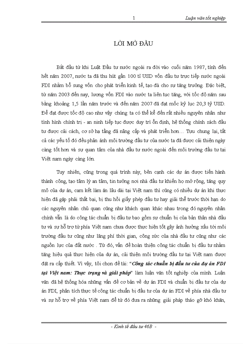 Công tác chuẩn bị đầu tư của dự án FDI tại Việt nam Thực trạng và giải pháp