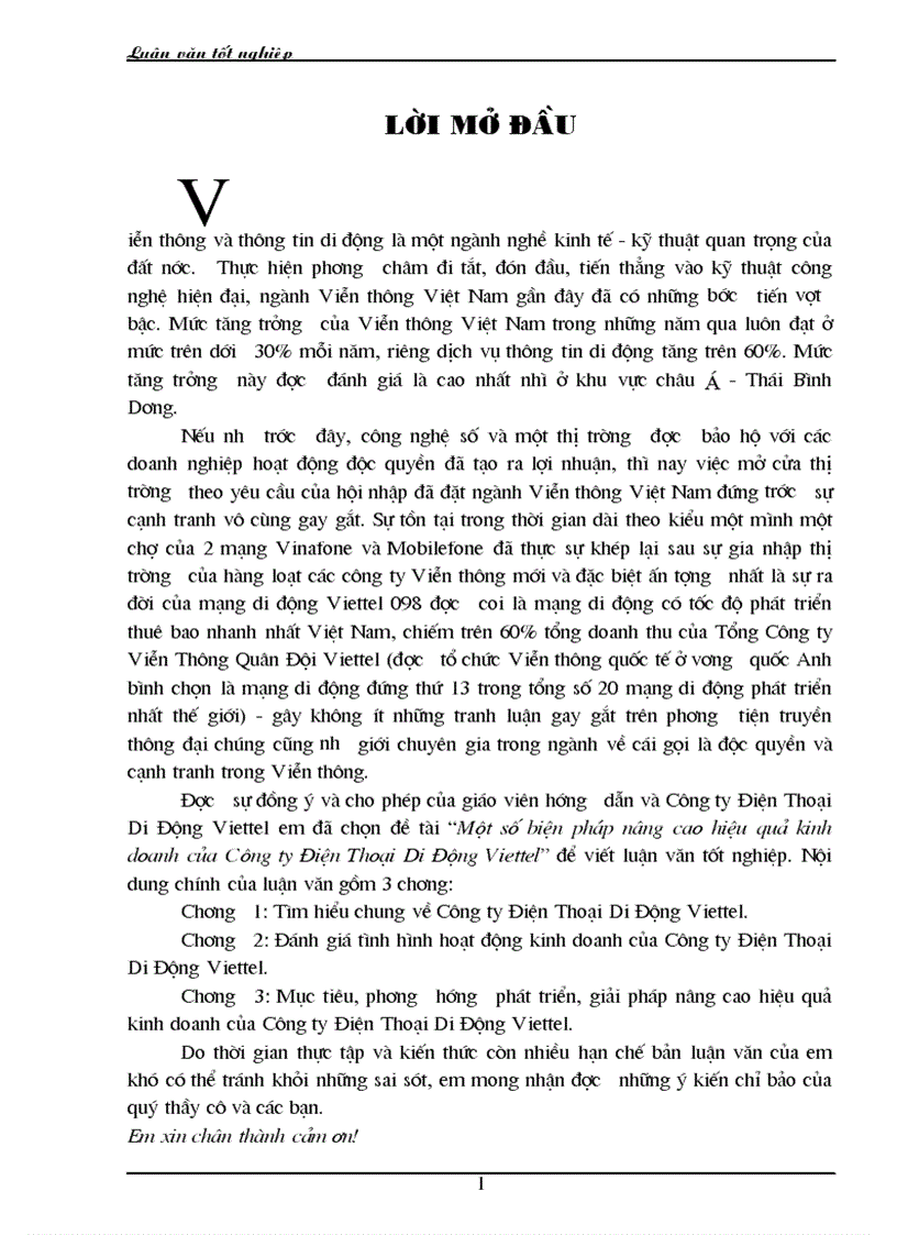 Một số biện pháp nâng cao hiệu quả kinh doanh của Công ty Điện Thoại Di Động Viettel