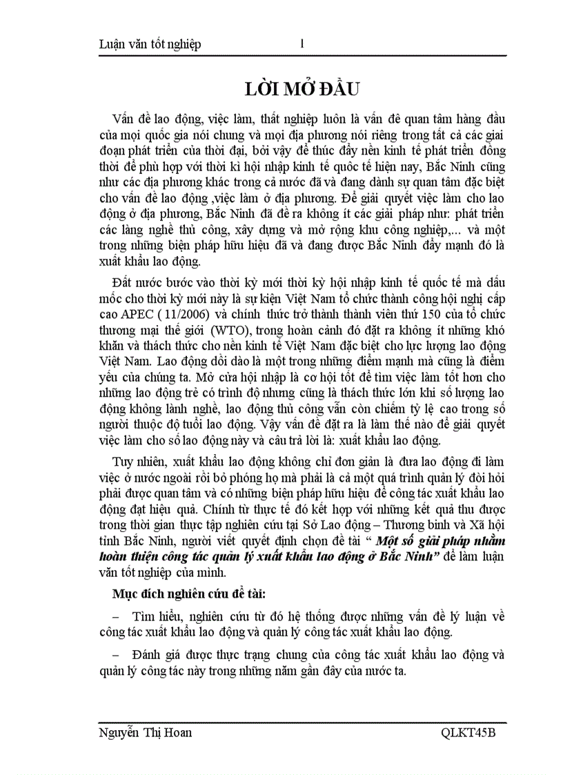 Một số giải pháp nhằm hoàn thiện công tác quản lý xuất khẩu lao động ở Bắc Ninh