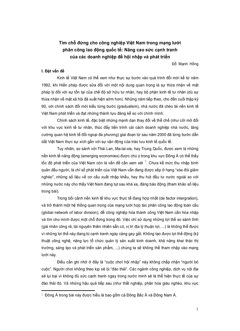 Tìm chỗ đứng cho công nghiệp Việt Nam trong mạng lưới phân công lao động quốc tế Nâng cao sức cạnh tranh của các doanh nghiệp để hội nhập và phát triển