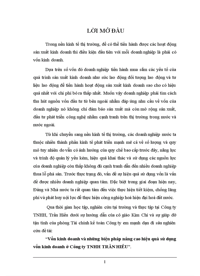 Vốn kinh doanh và những biện pháp nâng cao hiệu quả sử dụng vốn kinh doanh ở Công ty TNHH TRẦN HIẾU