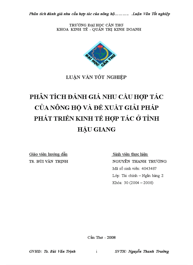 Phân tích đánh giá nhu cầu hợp tác của nông hộ và đề xuất giải pháp phát triển kinh tế hợp tác ở tỉnh hậu giang