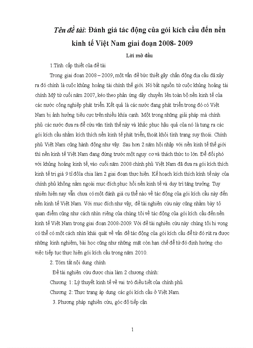Đánh giá tác động của gói kích cầu đến nền kinh tế Việt Nam giai đoạn 2008 2009