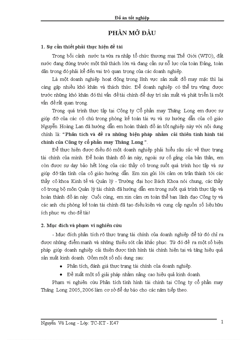 Phân tích và đề ra những biện pháp nhằm cải thiên tình hình tài chính của Công ty cổ phần may Thăng Long