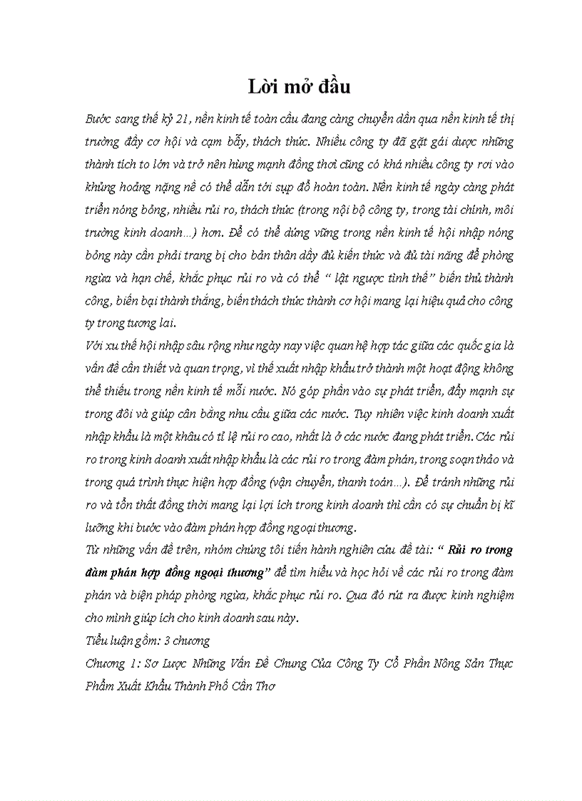 Rủi ro trong đàm phán hợp đồng ngoại thương tại công ty cp nông sản xuất khẩu cần thơ
