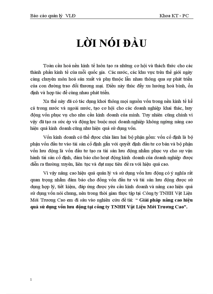 Giải pháp nâng cao hiệu quả sử dụng vốn lưu động tại công ty TNHH Vật Liệu Mới Trương Cao