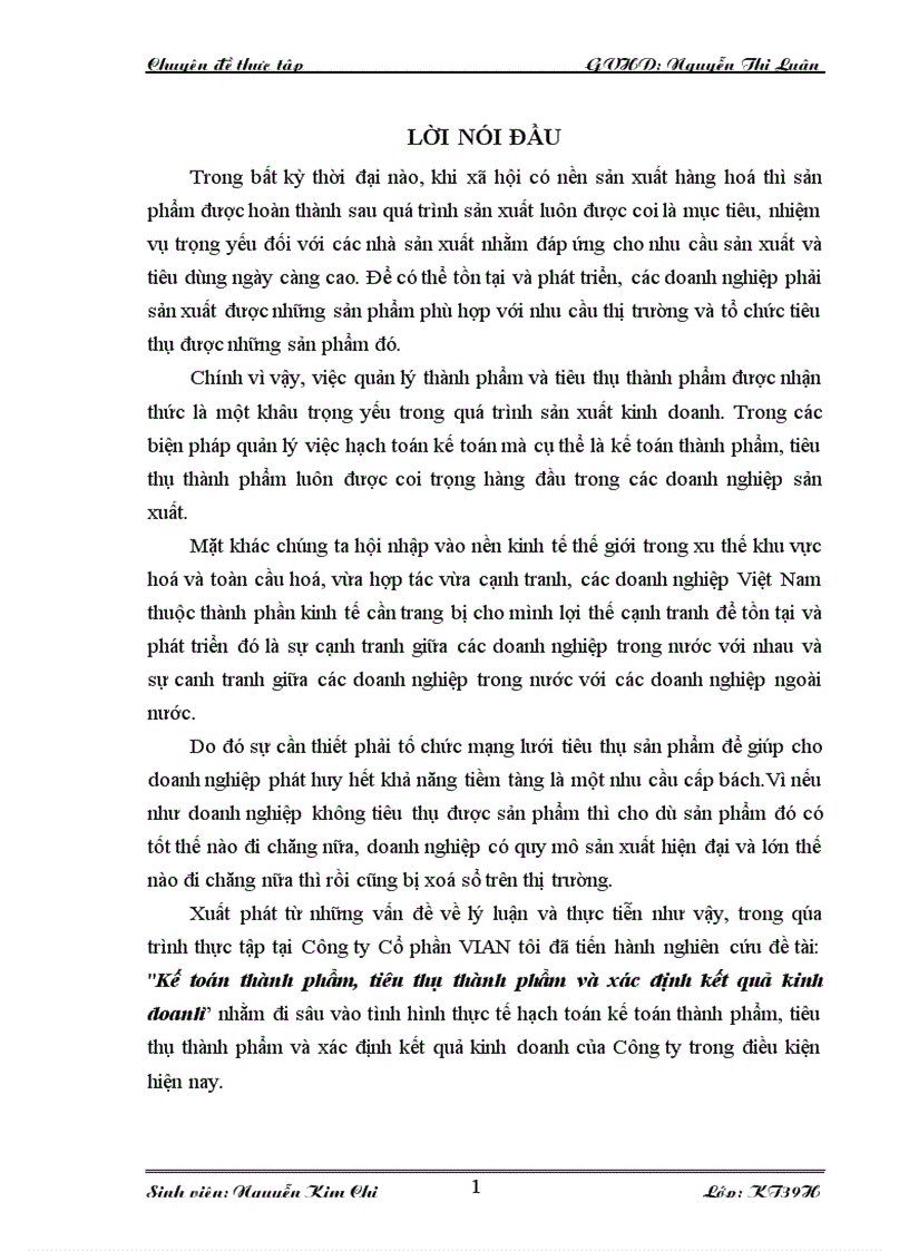 Kế toán thành phẩm tiêu thụ thành phẩm và xác định kết quả kinh doanh tại Công ty Cổ phần VIAN
