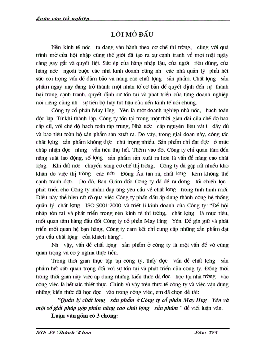 Quản lý chất lượng sản phẩm ở Công ty cổ phần May Hưng Yên và một số giải pháp góp phần nâng cao chất lượng sản phẩm