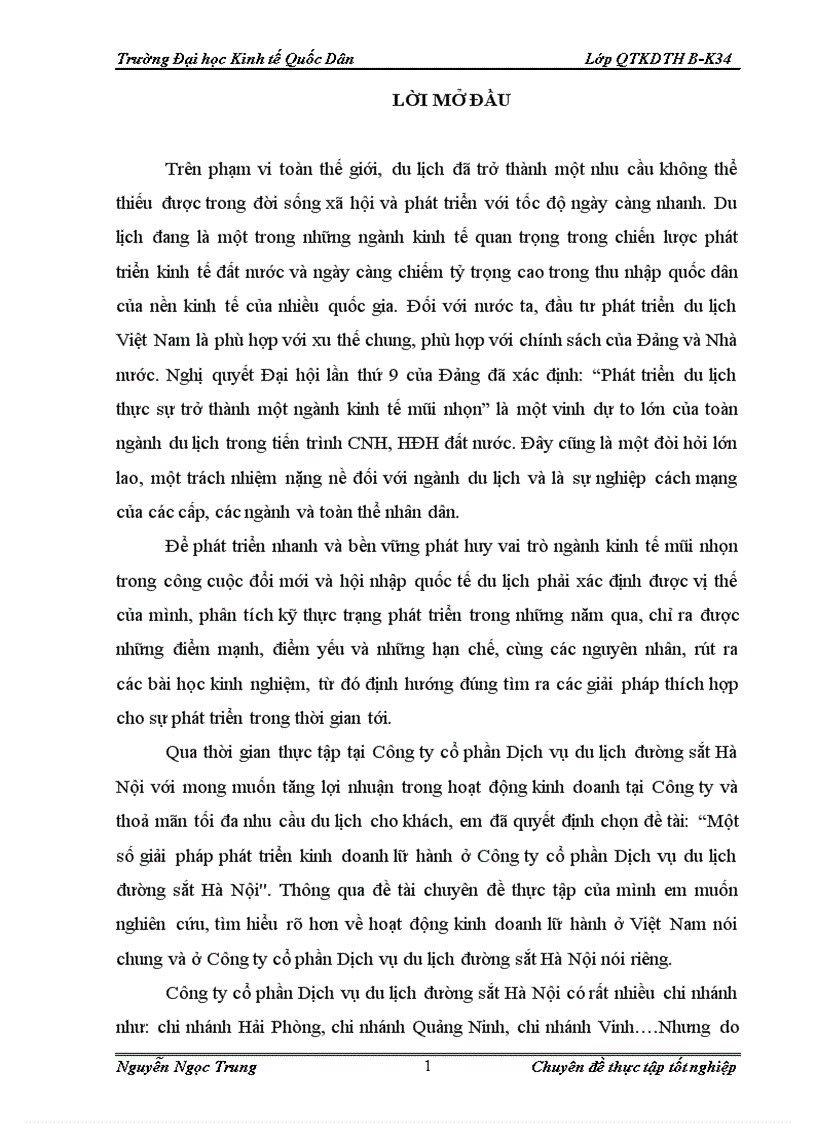 Một số giải pháp phát triển kinh doanh lữ hành ở Công ty cổ phần Dịch vụ du lịch đường sắt Hà Nội