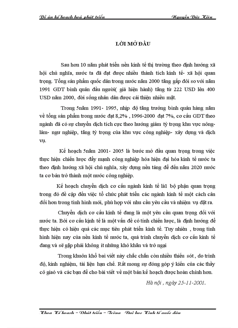 Kế hoạch chuyển dịch cơ cấu ngành kinh tế thời kỳ 2001 2005 ở Việt Nam và các giải pháp thực hiện