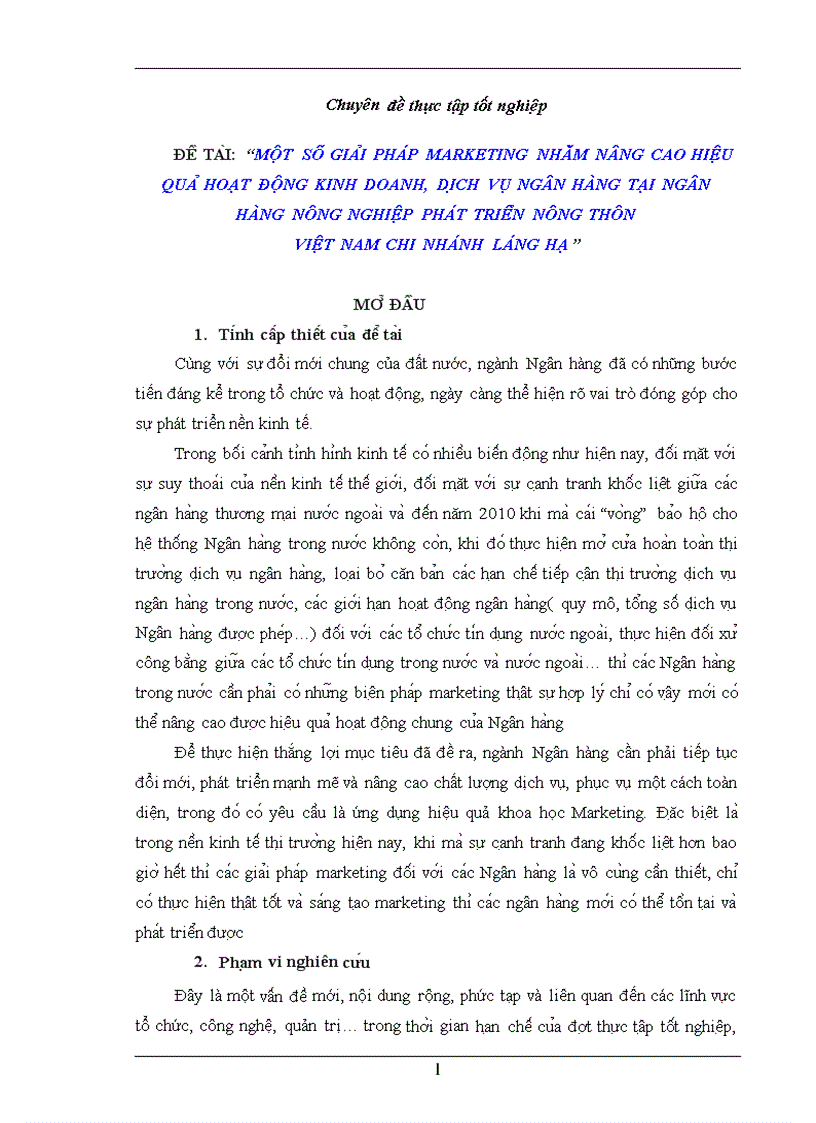 Một số giải pháp Marketing nhằm nâng cao hiệu quả hoạt động kinh doanh dịch vụ ngân hàng tại ngân hàng nông nghiệp và phát triển nông thôn Viêt Nam Chi nhánh Láng Hạ