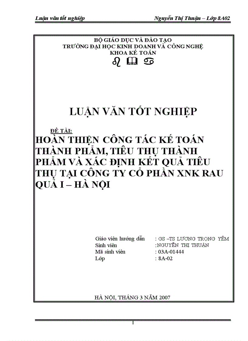 Hoàn thiện công tác kế toán thành phẩm tiêu thụ thành phẩm và xác định kết quả tiêu thụ tại công ty cổ phần Xuất Nhập Khẩu Rau quả I Hà Nội