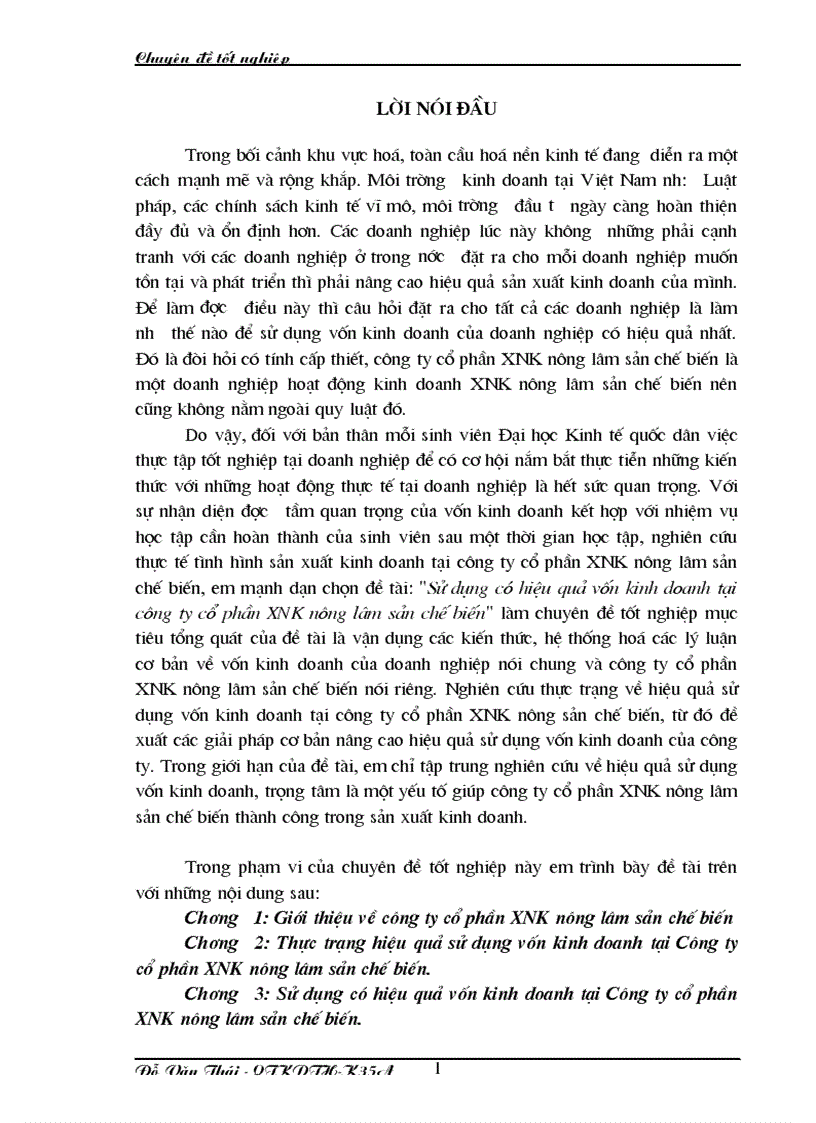 Sử dụng có hiệu quả vốn kinh doanh tại công ty cổ phần Xuất nhập khẩu nông lâm sản chế biến