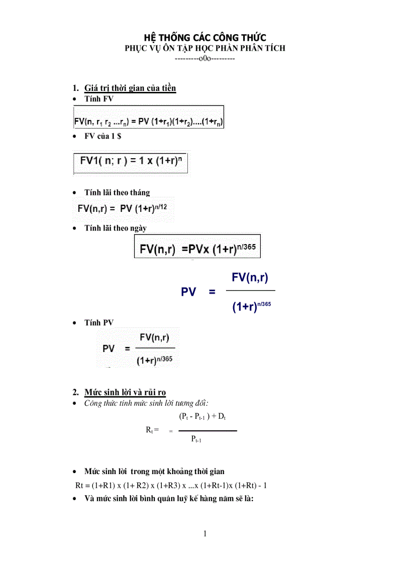 Tóm tắt tất cả các công thức phân tích đầu tư chứng khoán