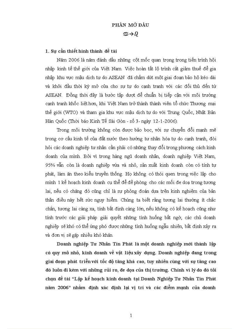 Lập kế hoạch kinh doanh tại Doanh Nghiệp Tư Nhân Tín Phát năm 2006