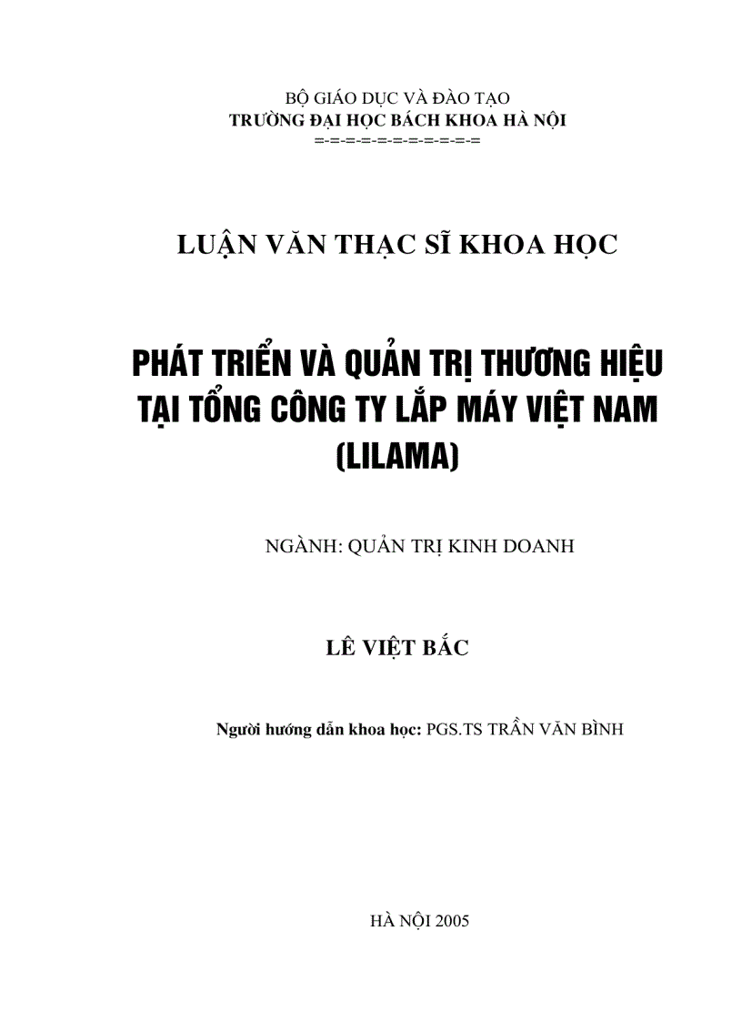 Luận văn Phát triển và quản trị thương hiệu tại Tổng công ty lắp máy Việt Nam LILAMA