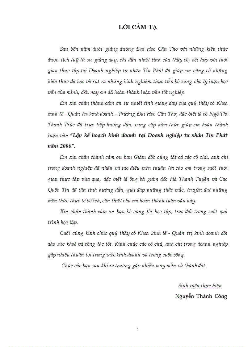 Lập kế hoạch kinh doanh tại Doanh Nghiệp Tư Nhân Tín Phát năm 2006