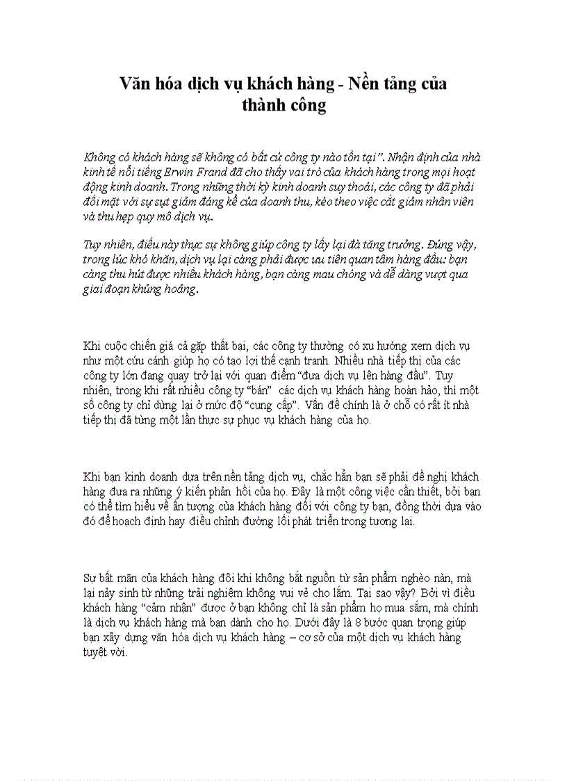 Văn hóa dịch vụ khách hàng Nền tảng của thành công