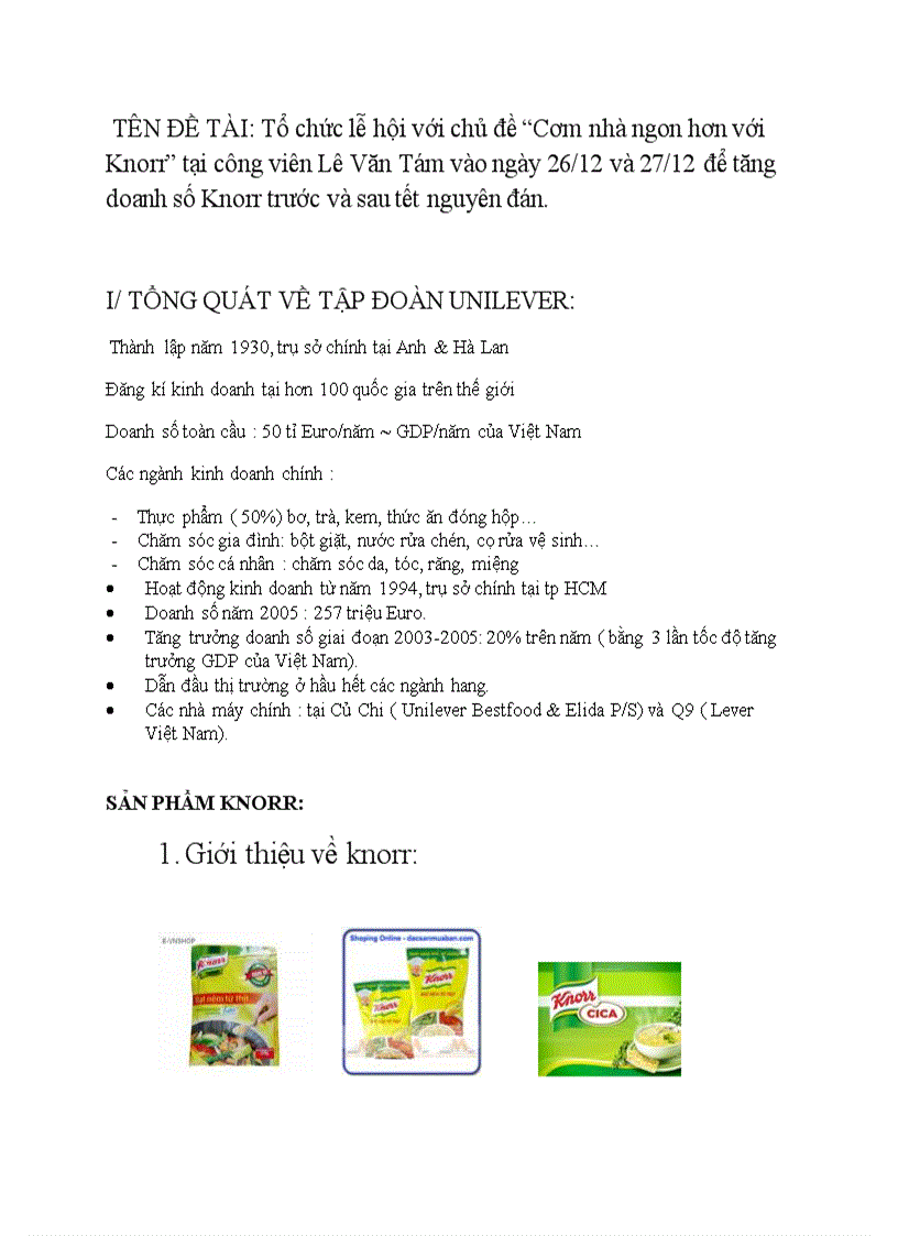 Tổ chức lễ hội với chủ đề Cơm nhà ngon hơn với Knorr tại công viên Lê Văn Tám vào ngày 26 12 và 27 12 để tăng doanh số Knorr trước và sau tết nguyên đán