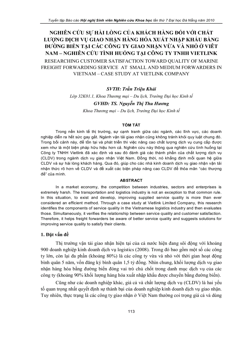 Nghiên cứu sự hài lòng của khách hàng đối với chất lượng dịch vụ giao nhận hàng hóa xuất nhập khẩu bằng đường biển tại các công ty giao nhận vừa và nhỏ tại Việt Nam