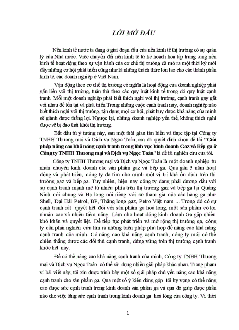 Một số giải pháp nhằm nâng cao khả năng cạnh tranh của Công ty TNHH Thương mại và Dịch vụ Ngọc Toản trong kinh doanh ga hoá lỏng