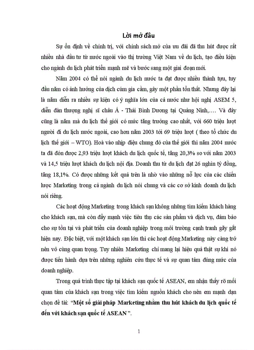 Thực trạng và một số giải pháp Marketing nhằm thu hút khách du lịch quốc tế đến với khách sạn quốc tế ASEAN