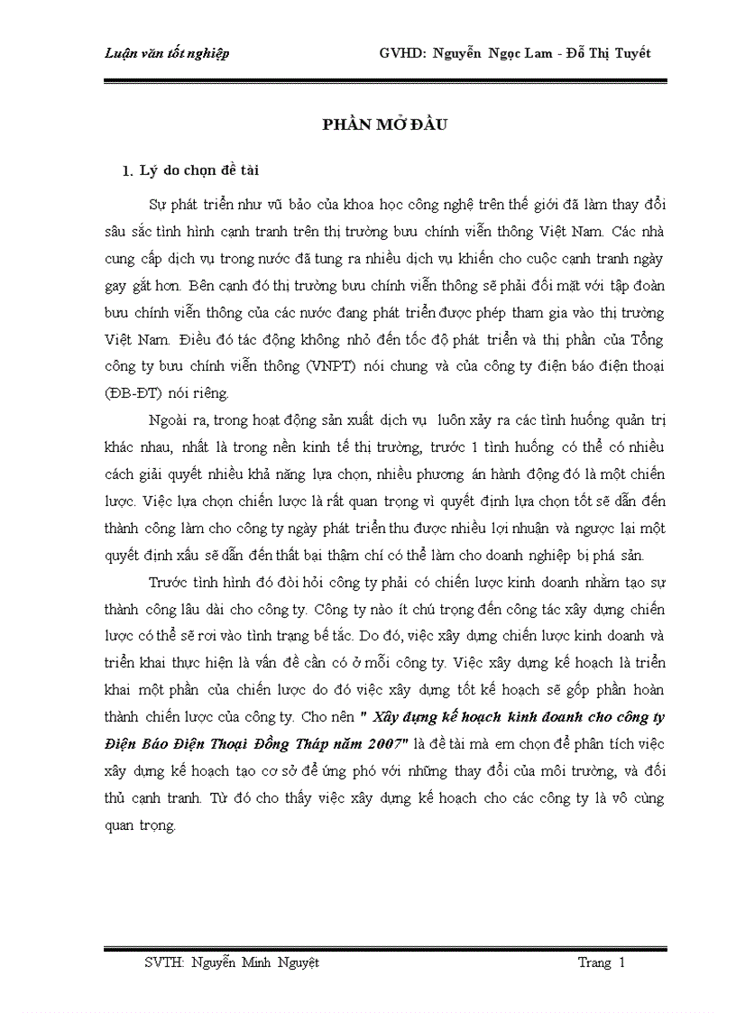 Xây dựng kế hoạch kinh doanh cho công ty Điện Báo Điện Thoại Đồng Tháp năm 201