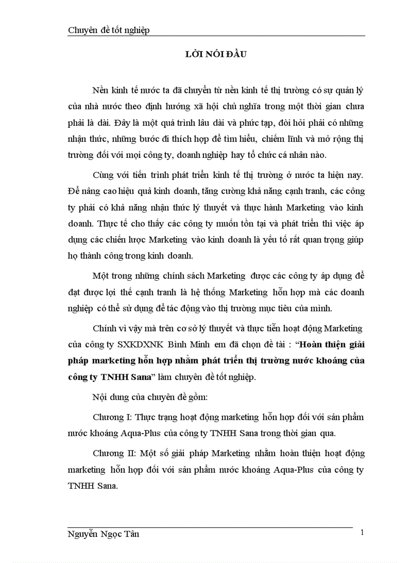 Một số giải pháp nhằm hoàn thiện hoạt động marketing hỗn hợp đối với sản phẩm nước khoáng aqua plus của công ty tnhh sana