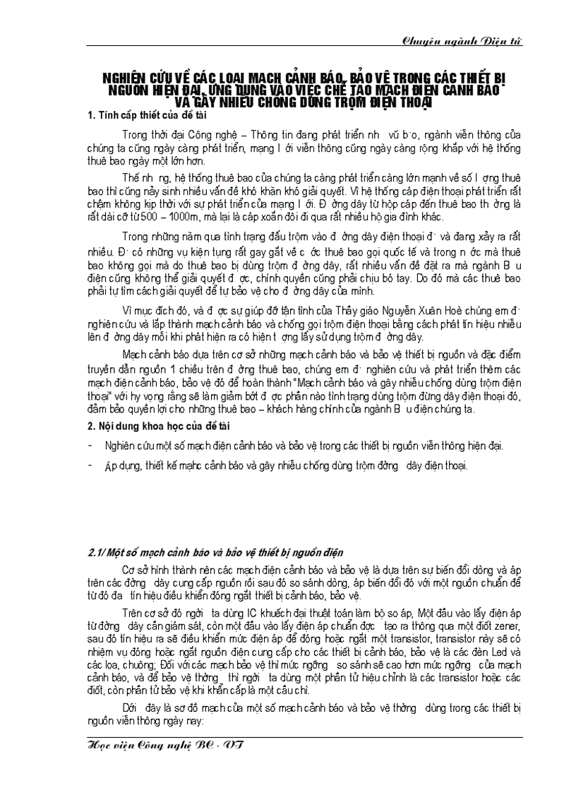 Nghiên cứu về các loại mạch cảnh báo bảo vệ trong các thiết bị nguồn hiện đại ứng dụng vào việc chế tạo mạch điện cảnh báo và gây nhiễu chống dùng trộm điện thoại