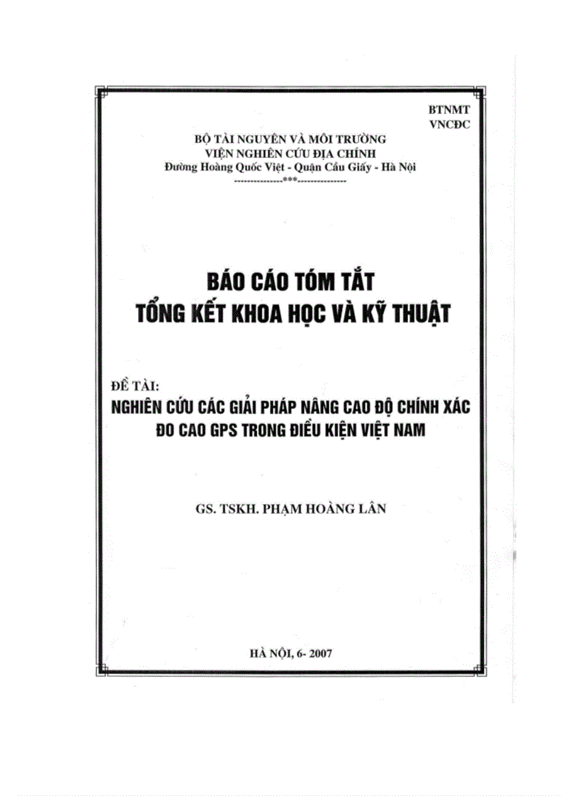 LUẬN VĂN Nghiên cứu các giải pháp nâng cao độ chính xác đo cao GPS trong điều kiện Việt Nam