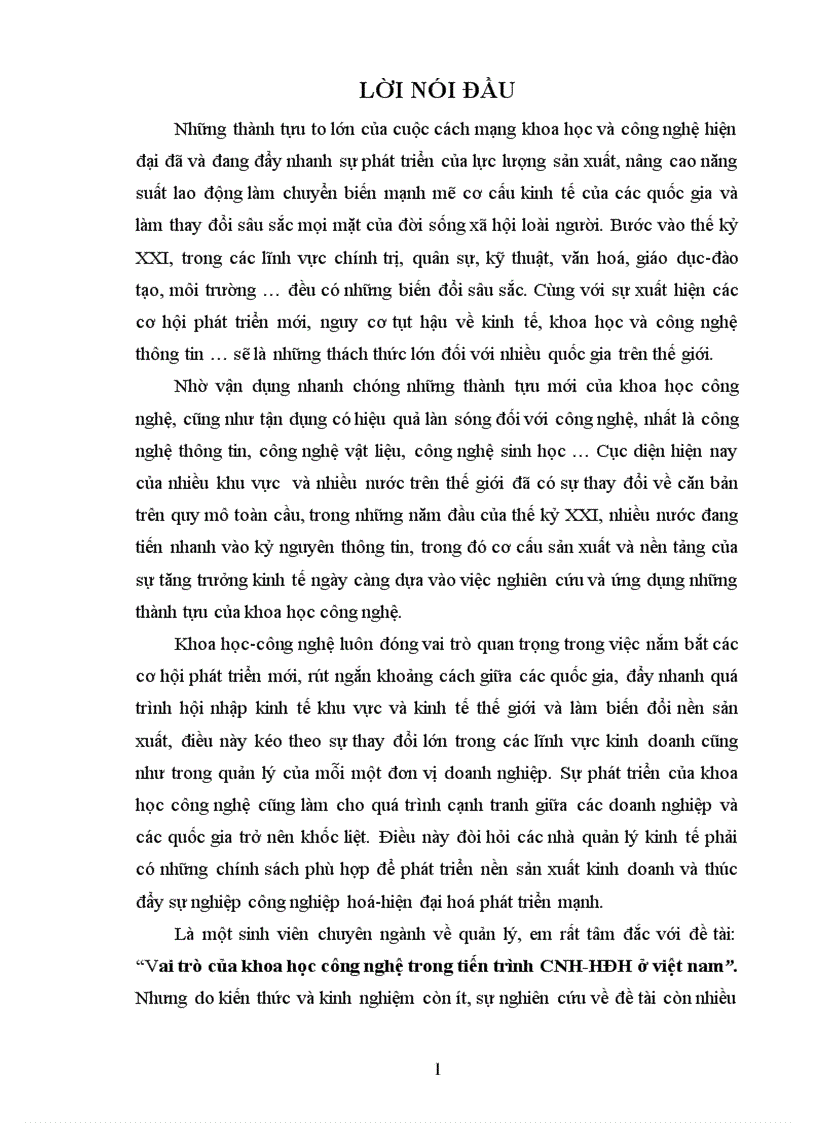 Vai trò của khoa học công nghệ trong tiến trình công nghiệp hóa hiện đại hóa ở việt nam