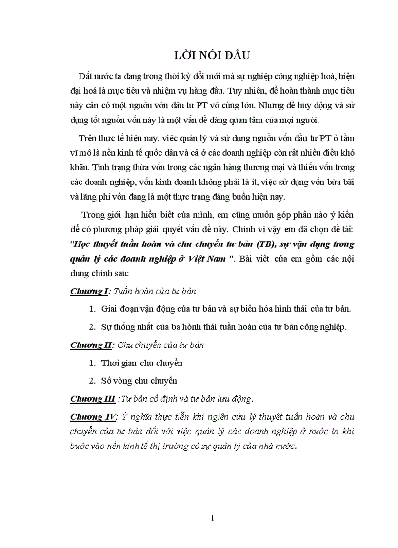 Học thuyết tuần hoàn và chu chuyển tư bản TB sự vận dụng trong quản lý các doanh nghiệp ở Việt Nam