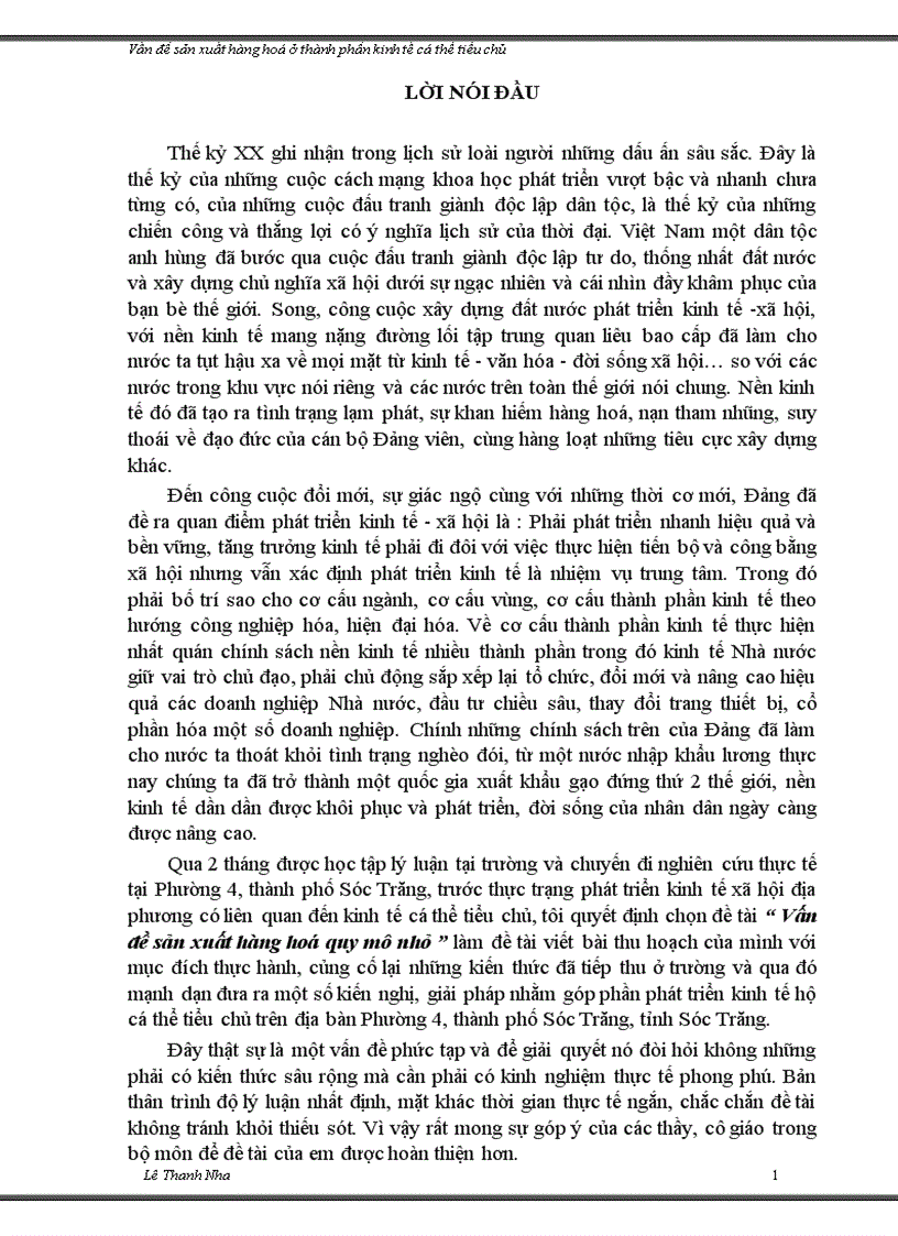 Sản xuất hàng hoá cá thể tiểu chủ