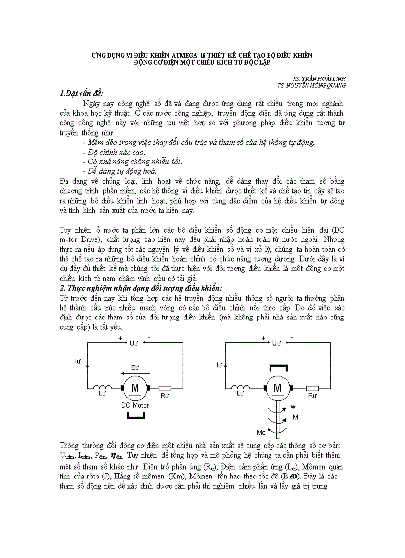 Ứng dụng vi điều khiển atmega 16 thiết kế chế tạo bộ điều khiển động cơ điện một chiều kích từ độc lập