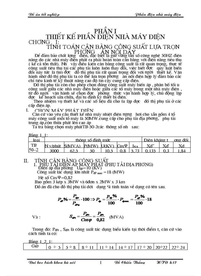Đồ án tốt nghiệp thiết kế phần điện nhà máy điện