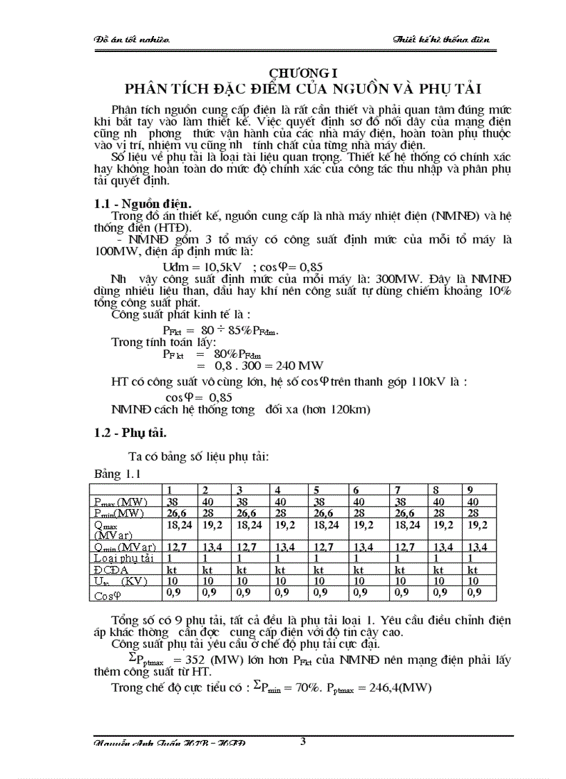 Đồ án tốt nghiệp thiết kế hệ thống điện phần I