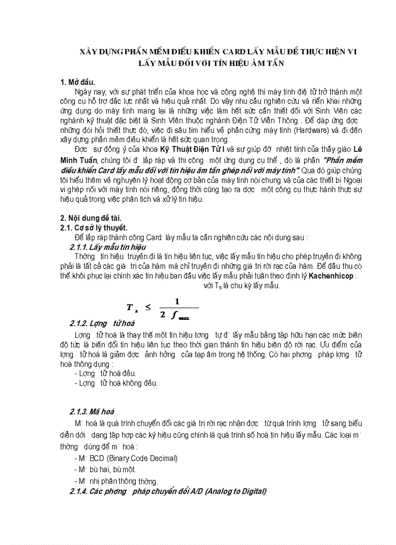 Xây dựng phần mềm điều khiển card lấy mẫu để thực hiện vi lấy mẫu đối với tín hiệu âm tần
