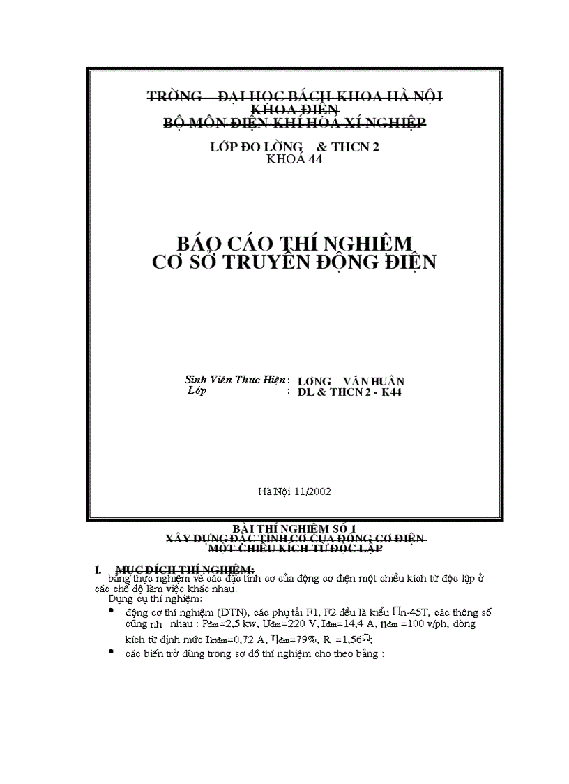 Báo cáo thí nghiệm truyền động điện