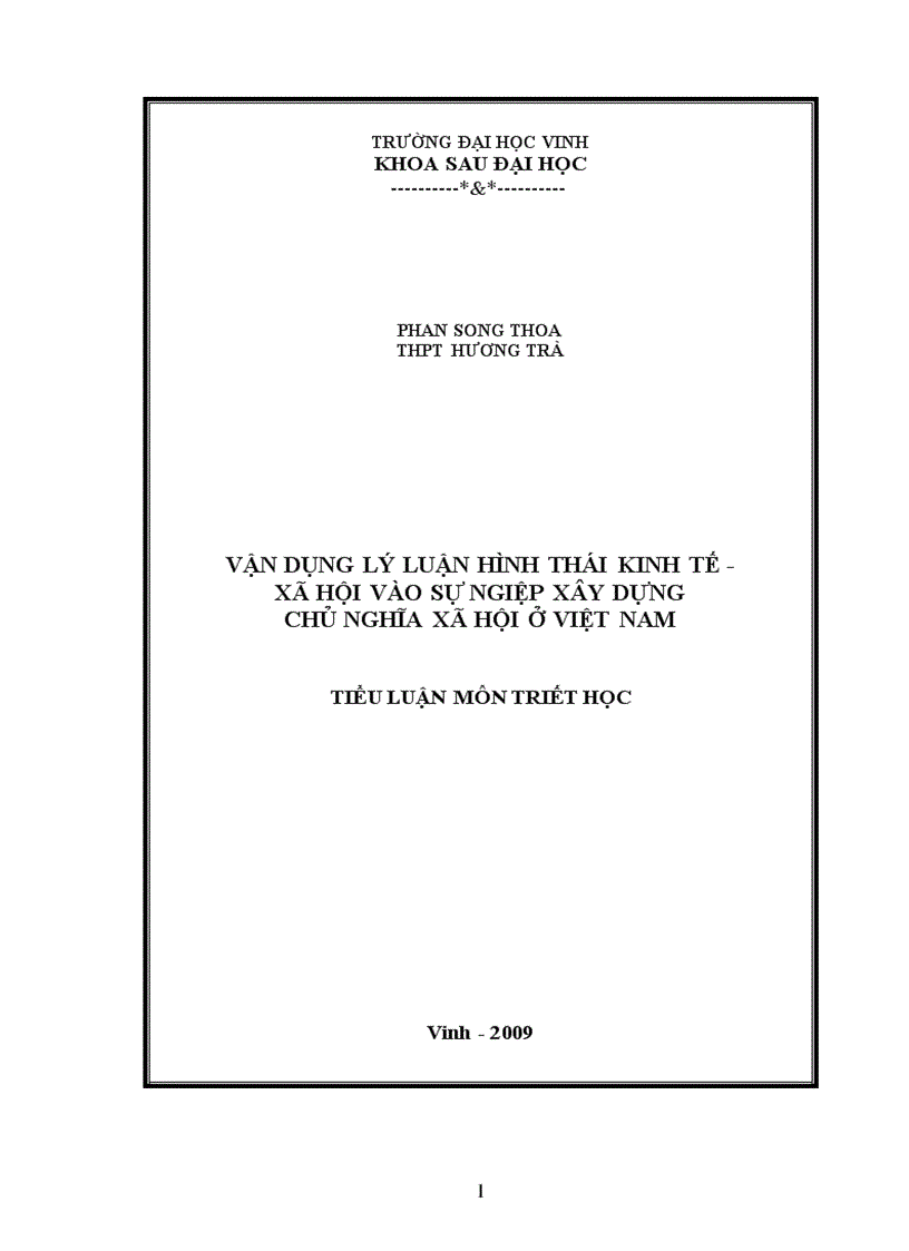 Vận dụng lý luận hình thái kinh tế xã hội vào sự ngiệp xây dựng chủ nghĩa xã hội ở việt nam