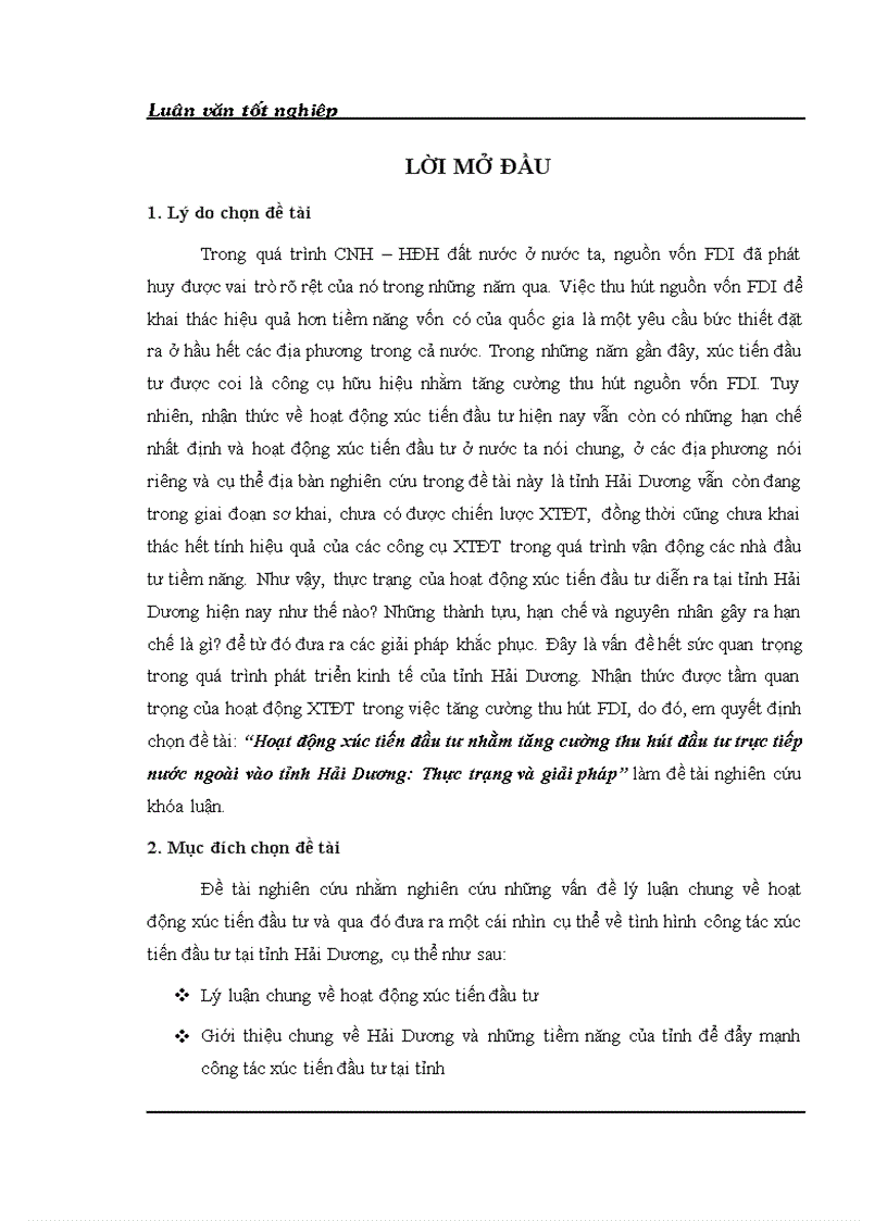 Hoạt động xúc tiến đầu tư nhằm tăng cường thu hút đầu tư trực tiếp nước ngoài vào tỉnh Hải Dương Thực trạng và giải pháp