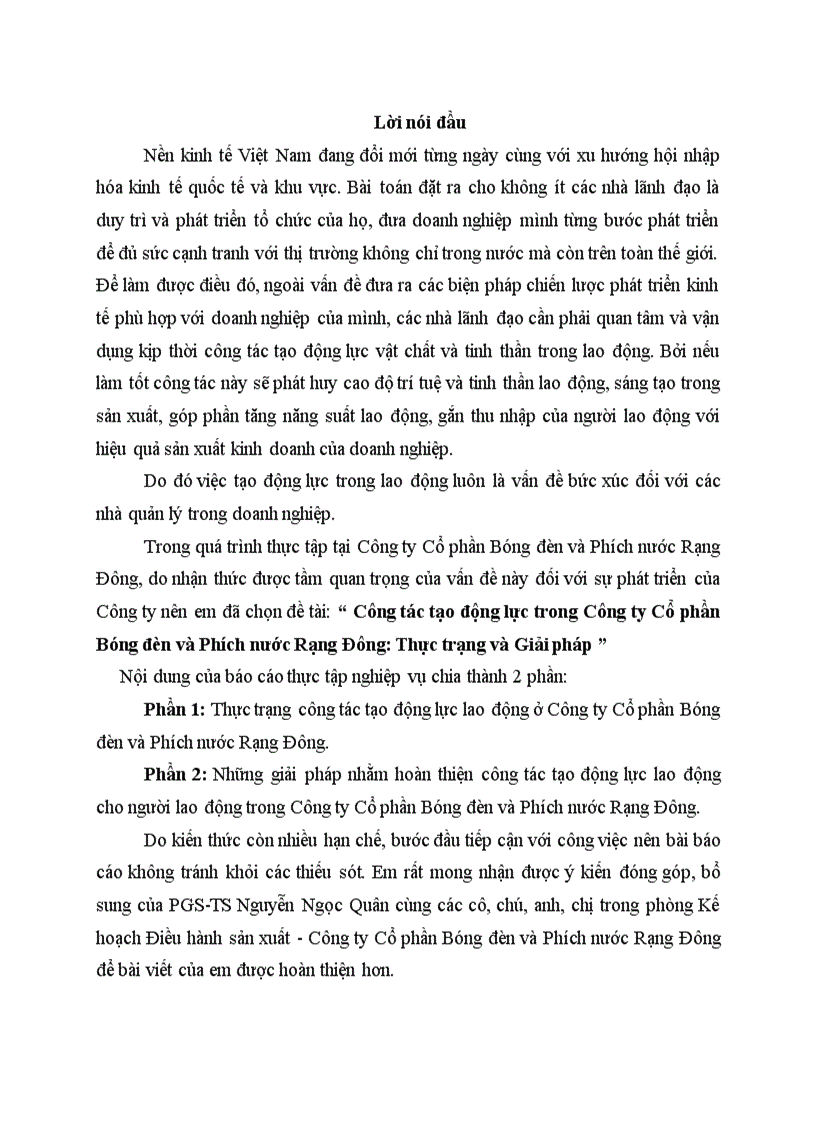 Công tác tạo động lực trong Công ty Cổ phần Bóng đèn và Phích nước Rạng Đông Thực trạng và Giải pháp