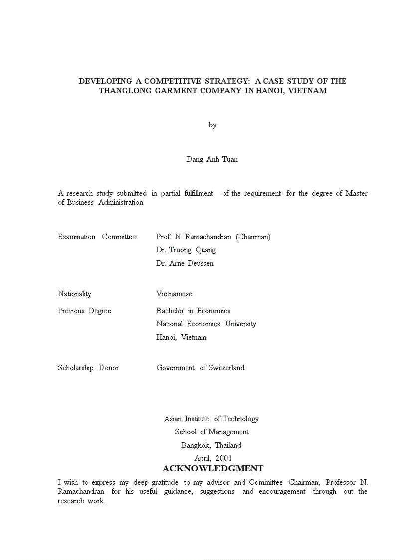 Developing a competitive strategy A case study of the thanglong garment company in hanoi vietnam